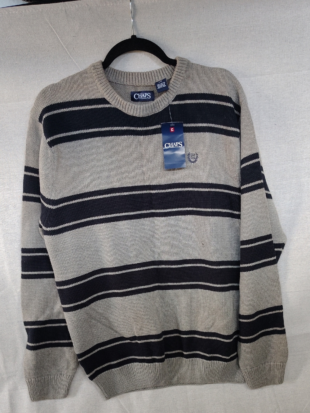 Chaps Men’s Gray Crewneck Sweater with Navy Stripes
